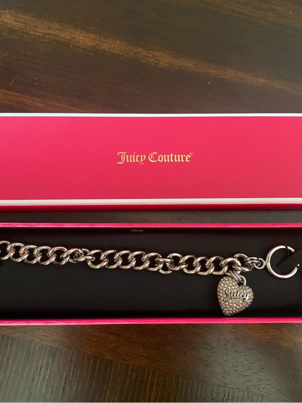 Juicy Couture Silver-Tone Chain Bracelet with Crystal Heart Charm